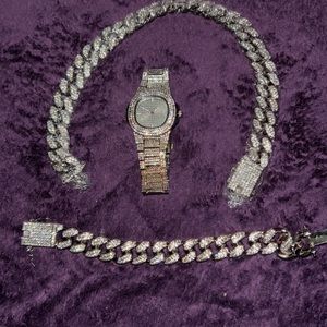 Icy vvs1 diamond necklace, watch, and bracelet authentic and brand new.